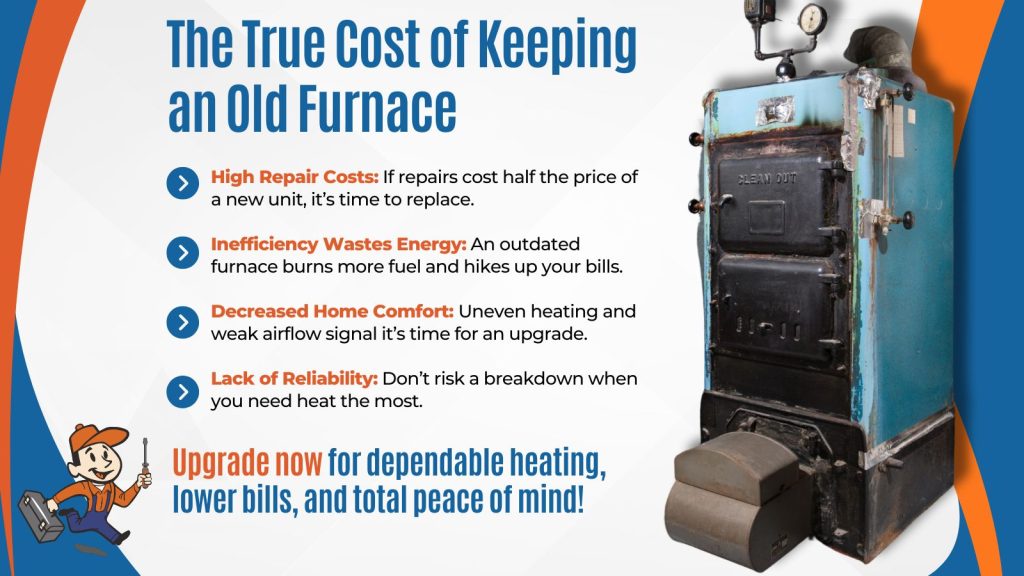 This is an image of an old furnace. The headline reads; The true cost of keeping an old furnace.